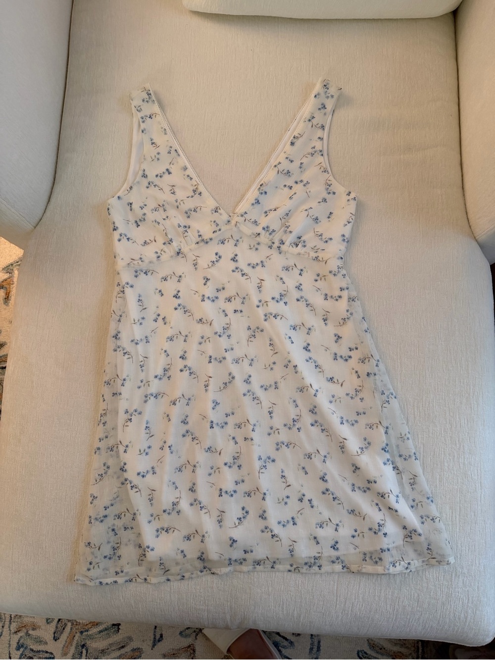 NWOT Altar'd State White Mini Dress with Blue Floral Print and tie back